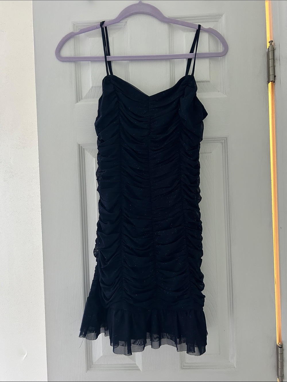 Black Ruched Shimmery Spaghetti Strap Cocktail Dress